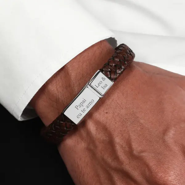 Pulseira Masculina Couro - Escrita Personalizável