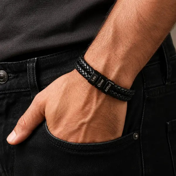 Pulseira Masculina Couro Duplo - Nomes Personalizáveis