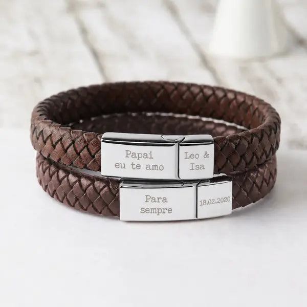 Pulseira Masculina Couro - Escrita Personalizável