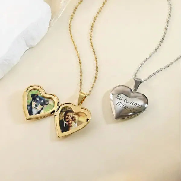 Colar Coração Relicário - Foto + Escrita Personalizável