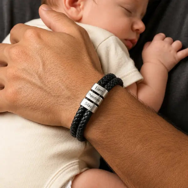 Pulseira Masculina Couro Duplo - Nomes Personalizáveis