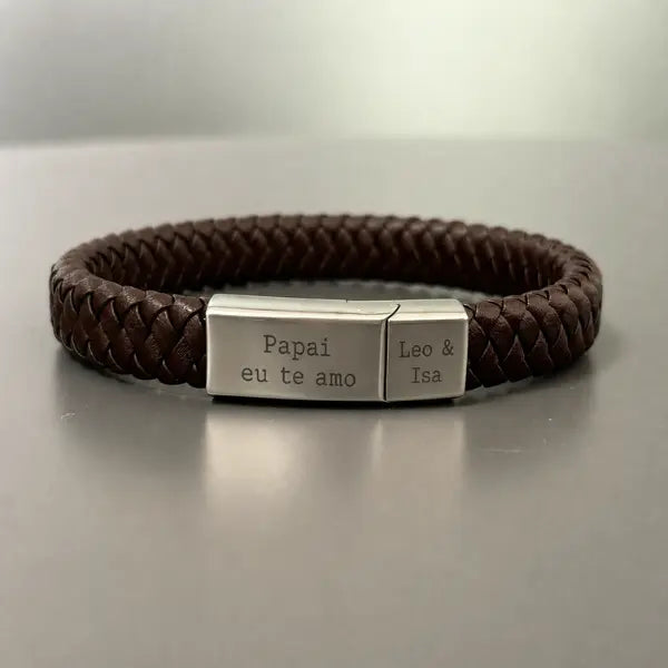 Pulseira Masculina Couro - Escrita Personalizável