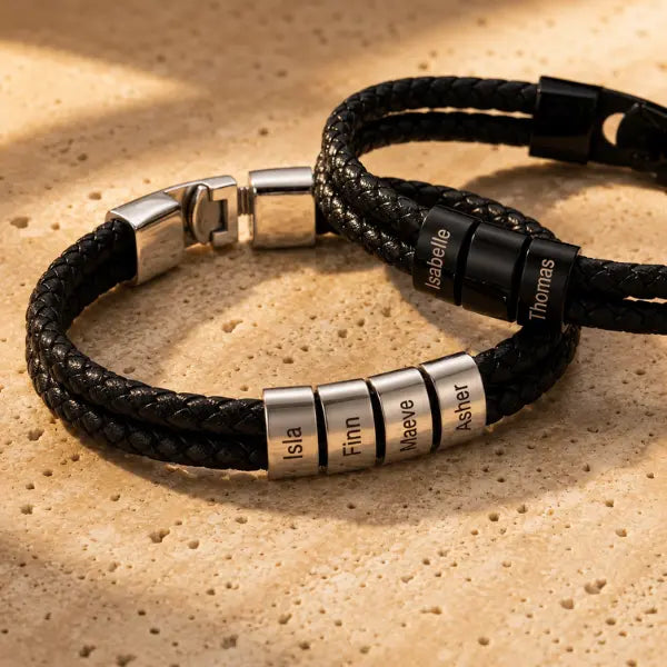 Pulseira Masculina Couro Duplo - Nomes Personalizáveis