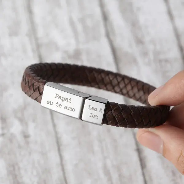 Pulseira Masculina Couro - Escrita Personalizável