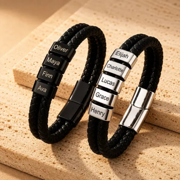 Pulseira Masculina Couro Duplo - Nomes Personalizáveis