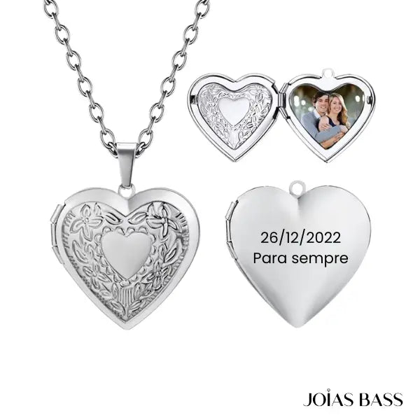 Colar Coração Relicário - Foto + Escrita Personalizável